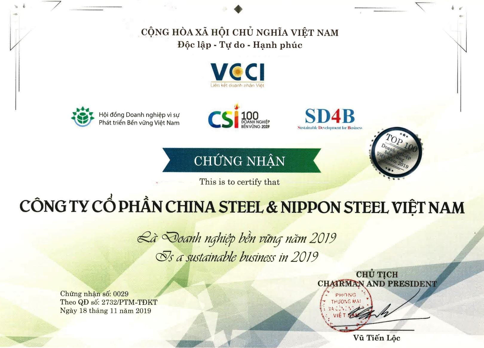 Top 100 Vietnam Sustainable Enterprise in 2019